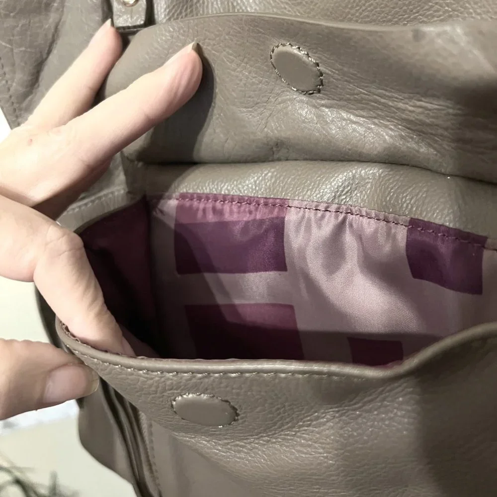 KOOBA Large Taupe Leather Purse-2 Straps-Soft-Gold-Purple Lining-Expands-Hobo